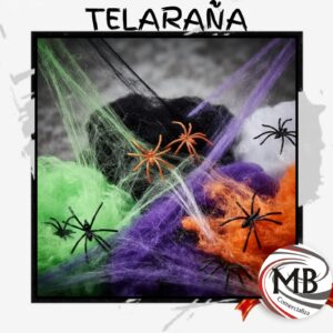 Telaraña artificial de colores sintetica extensible halloween con arañitas de plastico verde violeta naranja negro blanco decoracion ambientacion cotillon eventos venta mayorista MB Comercializa.