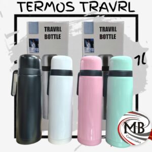 Termo de acero inoxidable 1 litro con manija pico cebador mate agua caliente colores pastel negro blanco rosa verde agua bazar camping regaleria venta mayorista MB Comercializa.