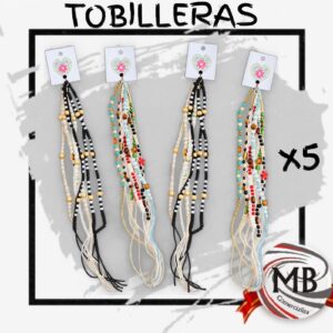 Tobilleras de hilo trenzado estilo artesanal boho artesanal pack por 5 unidades con mostacillas cuentas de colores negro blanco dorado crema verde accesorios de verano bijouterie regaleria venta mayorista MB Comercializa.