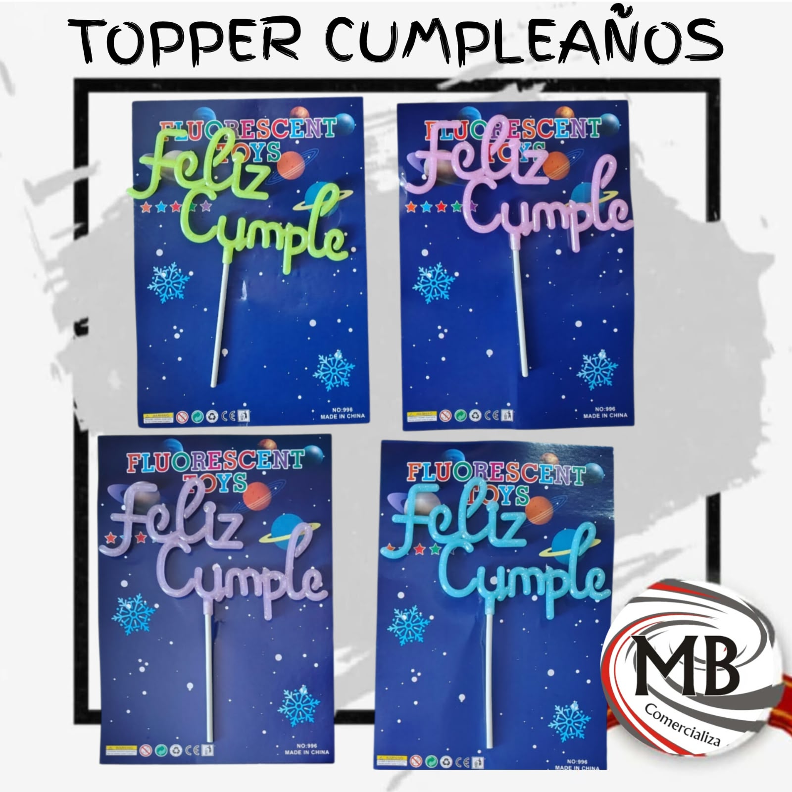 Topper adorno de torta feliz cumple fluorescente acrilico plastico colores verde rosa violeta celeste repostería cotillon fiestas cumpleaños venta mayorista MB Comercializa.