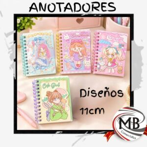 Anotadores anillados 11 cm libretas pequenas tapas ilustradas anime kawaii colores pastel rosa celeste verde libreta de apuntes escolares libreria regaleria venta mayorista MB Comercializa.