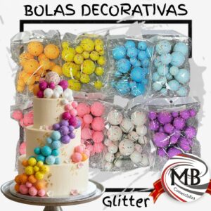 Bolas decorativas para tortas con glitter esferas topper pastel colores surtidos purpurina reposteria cotillon adornos tartas eventos bodas quinceanios venta mayorista MB Comercializa.
