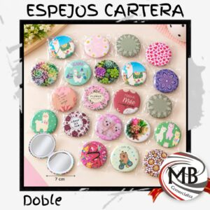 Espejos de cartera dobles redondos 7 cm estampados disenios surtidos llamas flores animales espejo de bolsillo compacto cosmetica belleza regaleria venta mayorista MB Comercializa.
