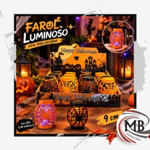 Farol luminoso de Halloween 9 cm vela led con luz de colores calaveras telarañas brujas calabazas adornos decorativos cotillon ambientacion de fiestas regalería bazar venta mayorista MB Comercializa.
