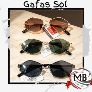 Gafas anteojos de sol hexagonales poligonales armazon metalico dorado lentes oscuros marron ambar verde g15 y negro humo uv400 proteccion solar accesorios de moda gafas lentes regalo venta mayorista MB Comercializa.