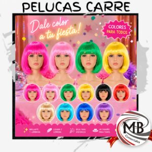 Pelucas carre cotillon fiesta carnaval carioca pelo sintetico corto con flequillo colores surtidos fucsia rosa verde amarillo negro rojo rubio celeste azul violeta cotillon luminoso eventos disfraces regalería venta mayorista MB Comercializa.