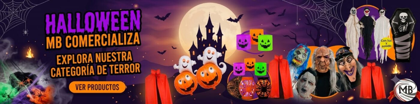 Banner promocional halloween e-commerce MB Comercializa cotillon disfraces mascaras calabazas y decoracion de terror venta mayorista.