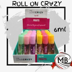 Brillo aceite labial lip oil roll on fruits love crazy 6 ml sabores frutales surtidos hidratante cuidado personal labios caja exhibidora regaleria cosmetica venta mayorista MB Comercializa.