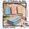 Billetera para dama aura doble cierre perimetral ecocuero textura combinada con aplique corazon dorado compartimentos organizadores marroquineria accesorios de moda regaleria venta mayorista MB Comercializa.