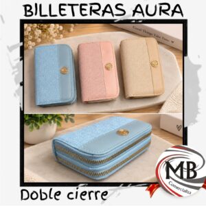 Billetera para dama aura doble cierre perimetral ecocuero textura combinada con aplique corazon dorado compartimentos organizadores marroquineria accesorios de moda regaleria venta mayorista MB Comercializa.
