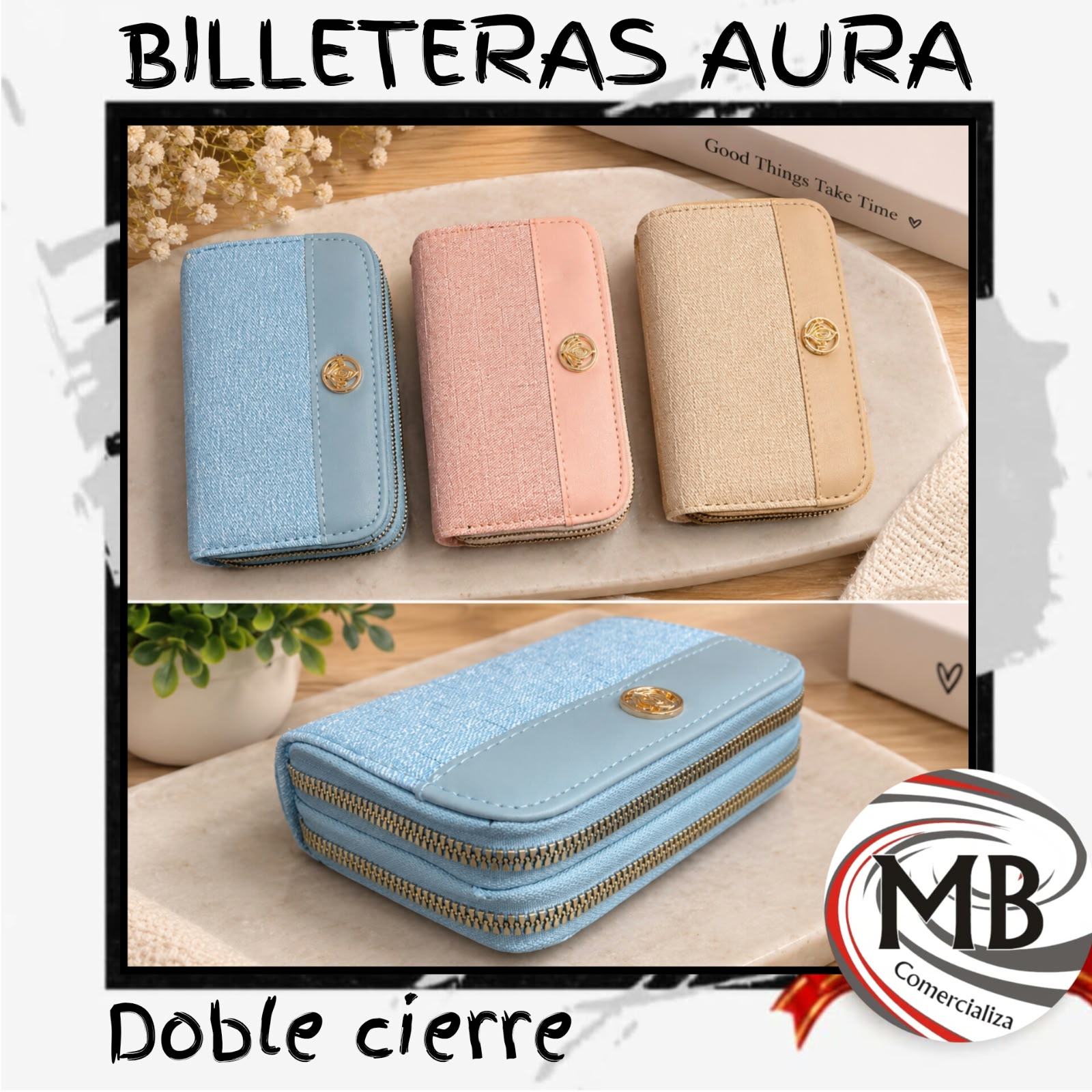Billetera para dama aura doble cierre perimetral ecocuero textura combinada con aplique corazon dorado compartimentos organizadores marroquineria accesorios de moda regaleria venta mayorista MB Comercializa.
