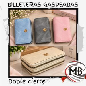 Billetera para dama gaspeada doble cierre perimetral ecocuero textura jaspeada suave aplique flor dorada compartimentos organizadores marroquineria accesorios de moda regalería venta mayorista MB Comercializa.