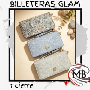 Billetera para dama glam textura craquelada metalizada con correa de mano y aplique dorado 1 cierre perimetral ecocuero marroquineria accesorios de moda regalo fiesta noche venta mayorista MB Comercializa.