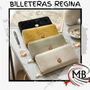 Billetera para dama regina textura afelpada gamuzada terciopelo ecocuero aplique dorado circular 1 cierre perimetral compartimentos organizadores marroquineria accesorios de moda regalo venta mayorista MB Comercializa.