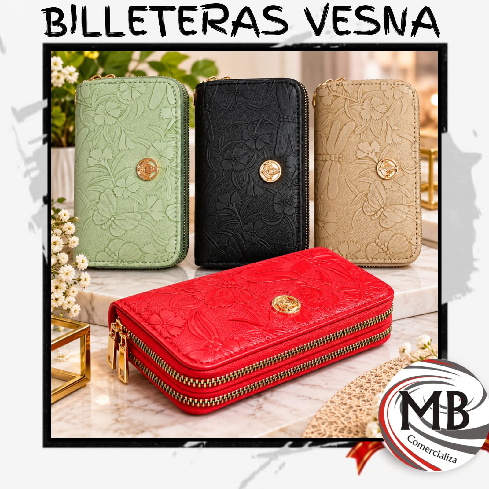 Billetera para dama vesna grabado floral relieve doble cierre perimetral ecocuero aplique dorado compartimentos organizadores marroquineria accesorios de moda regalo venta mayorista MB Comercializa.