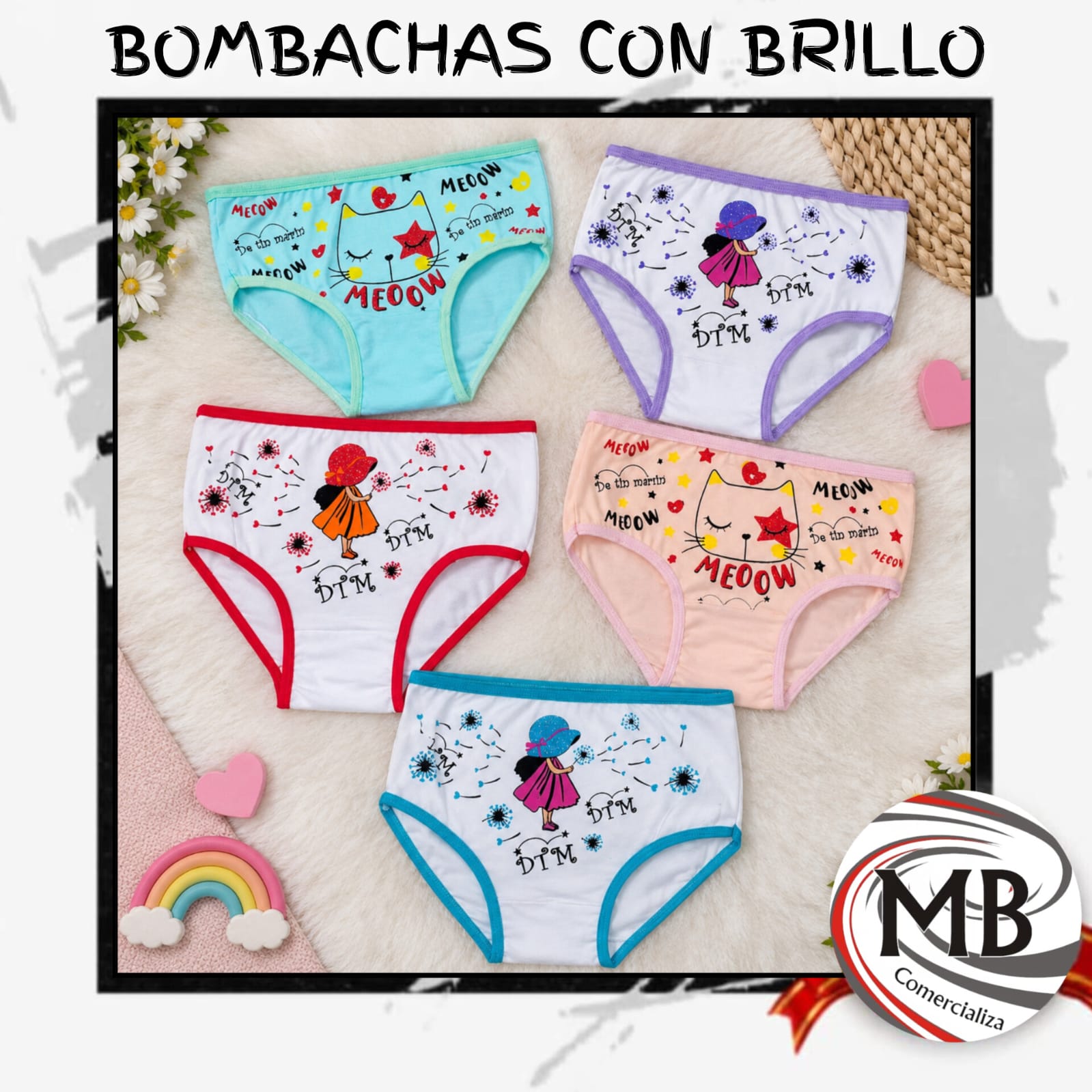 Bombachas infantiles nena con brillo estampados surtidos gatitos nenas pack surtido ropa interior infantil blanqueria indumentaria regalería venta mayorista MB Comercializa.