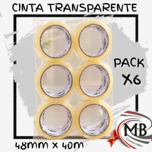 Cinta adhesiva transparente ancha pack por 6 unidades medida 48 mm por 40 metros cinta de embalar para cajas envíos despacho librería oficina ferretería comercial regalería venta mayorista MB Comercializa.