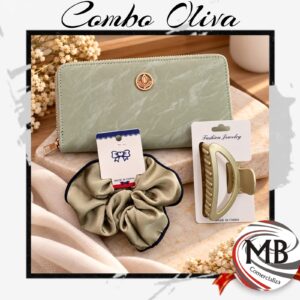COMBO OLIVA BILLETERA-BROCHE-SCRUNCHIES MB256