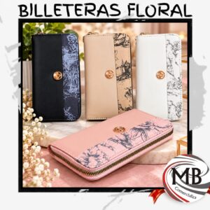 Billetera para dama estampada floral con un cierre perimetral ecocuero aplique metalico dorado compartimentos para tarjetas billetes y monedas marroquineria accesorios de moda regalería venta mayorista MB Comercializa.