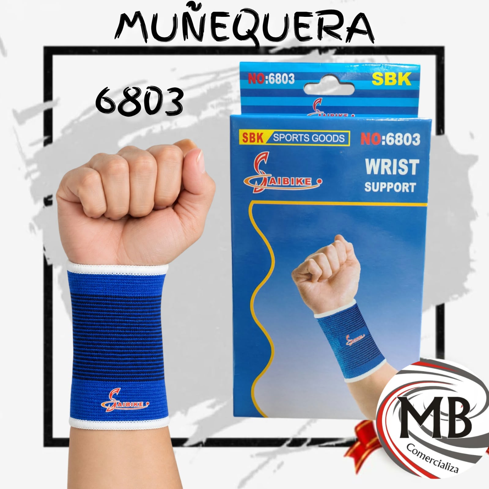 Muñequera elastica deportiva de contencion soporte para muñeca color azul con bordes blancos marca SBK modelo 6803 proteccion articular fitness entrenamiento gimnasio deportes rehabilitacion bazar regalería venta mayorista MB Comercializa.