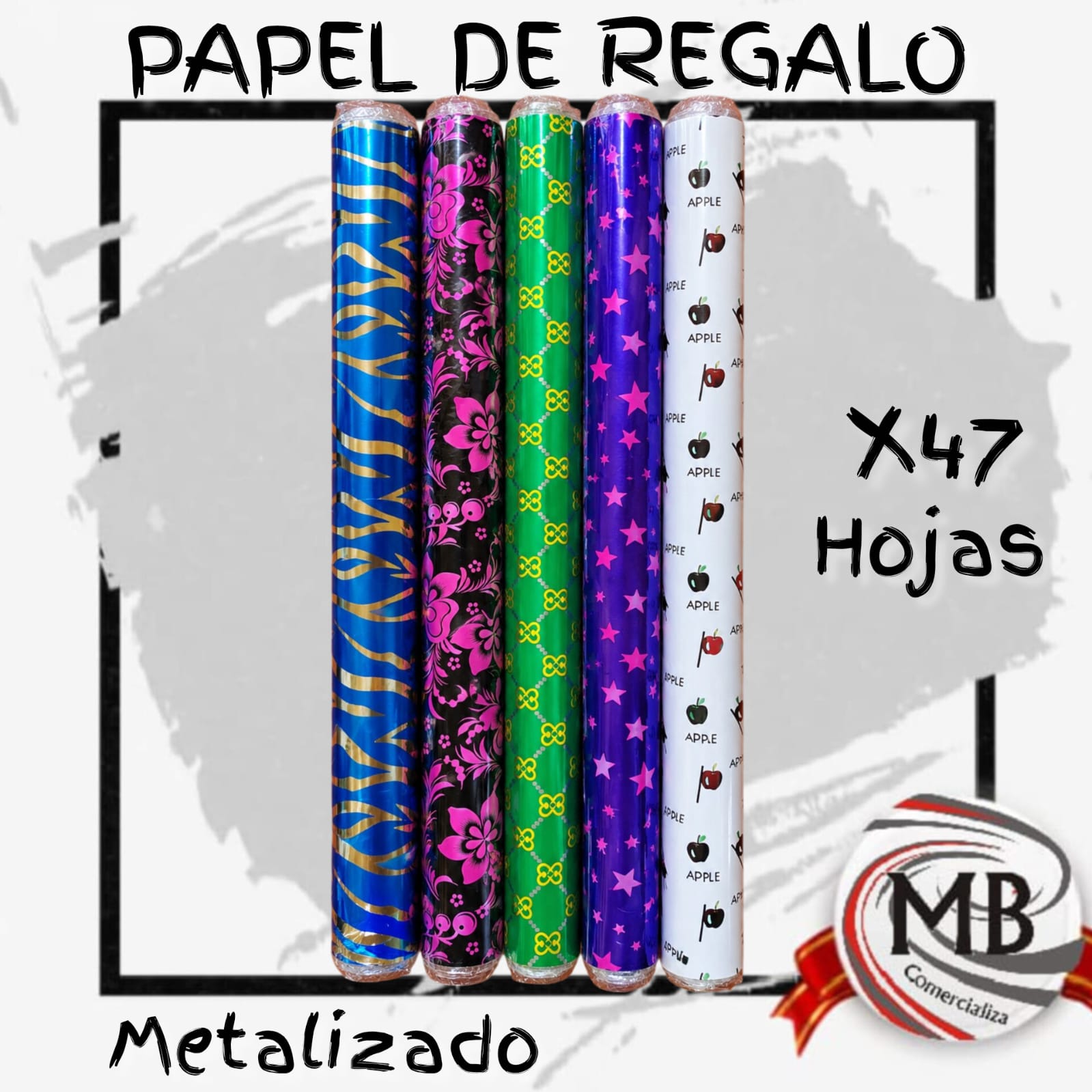 Pack x47 hojas de papel de regalo metalizado con diseños surtidos bolsas moños y papel regalo venta mayorista MB Comercializa.