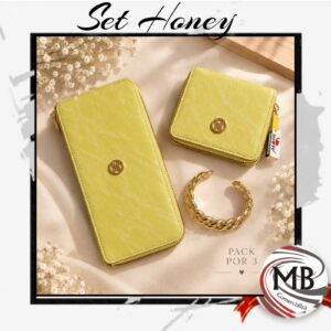 Set regalo dama billetera grande amarilla tarjetero compacto grabado floral fuelle acordeon y pulsera esclava dorada trenzada marroquinería bijouterie regalería dia de la madre venta mayorista MB Comercializa.