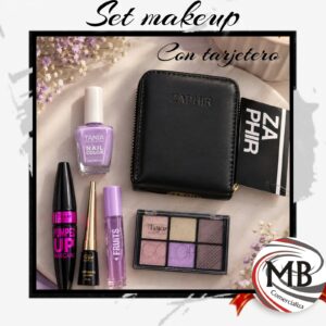 Set combo maquillaje con tarjetero negro kit makeup sombras para ojos mascara de pestañas delineador labial esmalte de uñas zaphir cosmética femenina belleza regalo venta mayorista MB Comercializa.