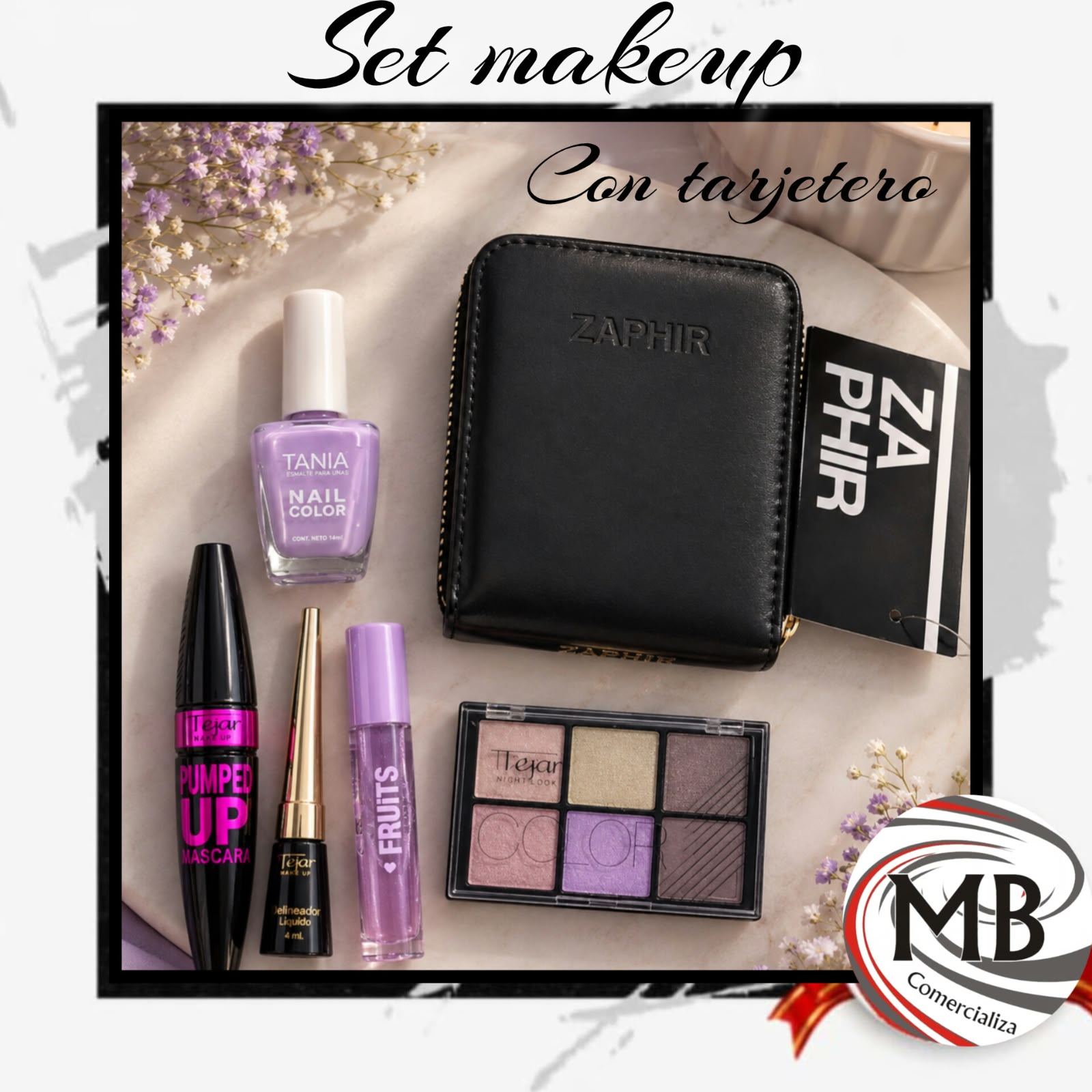 Set combo maquillaje con tarjetero negro kit makeup sombras para ojos mascara de pestañas delineador labial esmalte de uñas zaphir cosmética femenina belleza regalo venta mayorista MB Comercializa.