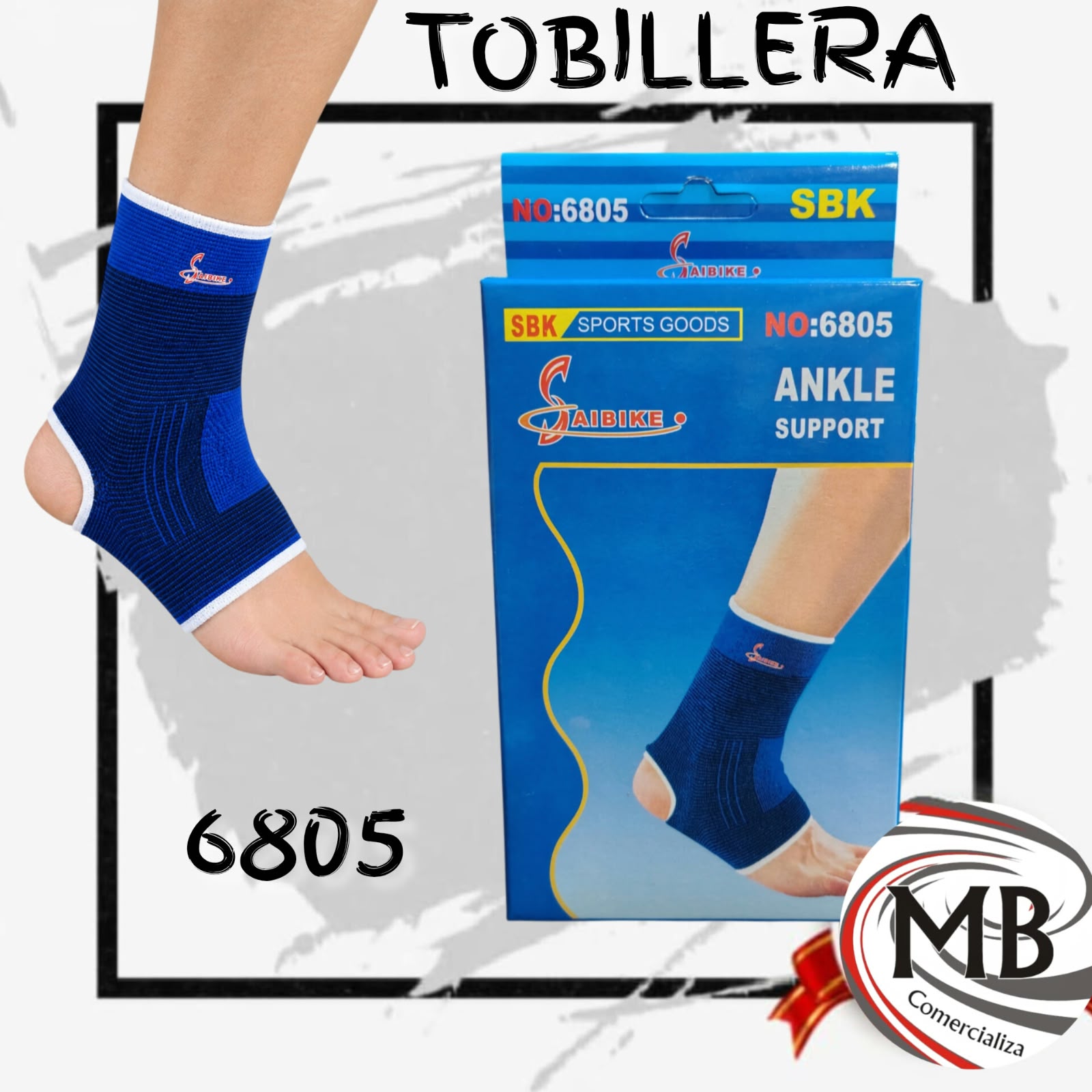 Tobillera elastica deportiva de contencion soporte articular de tobillo y talon libre azul con bordes blancos marca SBK modelo 6805 proteccion fitness entrenamiento futbol deportes rehabilitacion bazar regalería venta mayorista MB Comercializa.