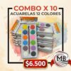 Combo por 10 acuarelas de 12 colores útiles escolares librería artísticas venta mayorista MB Comercializa.