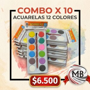 Combo por 10 acuarelas de 12 colores útiles escolares librería artísticas venta mayorista MB Comercializa.