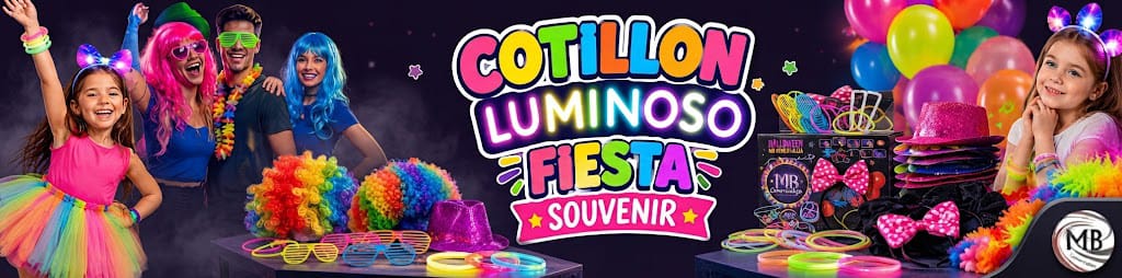 Banner portada cotillon luminoso fiesta souvenir accesorios neon led distribuidora mayorista MB Comercializa.