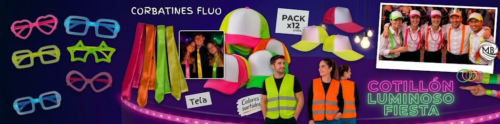 Banner portada cotillon luminoso fiesta accesorios fluo gorras chalecos lentes neon eventos regalería venta mayorista MB Comercializa.