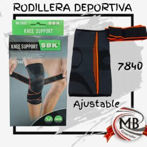 Rodillera deportiva elastica ajustable con tiras cruzadas de ajuste velcro tejido de compresion rotuliano color gris oscuro con detalles naranjas marca SBK modelo 7840 proteccion articular fitness entrenamiento deportes ortopedia bazar regalería venta mayorista MB Comercializa.